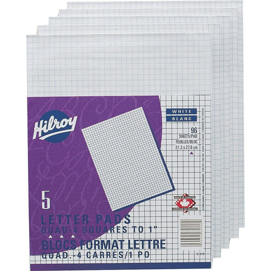 Hilroy Figuring and Graphic Pads - 8-3/8" x 10-7/8" - Quad-Ruled - White - 96 Sheets - 5 Pack (51270)