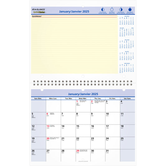 AT-A-GLANCE 2025 QuickNotes Monthly Wall/Desk Calendar - 8" H x 11" W - Bilingual