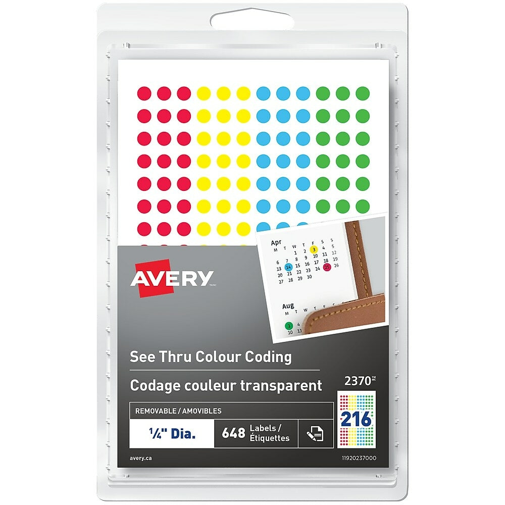 Avery See Thru Removable Colour-Coding Labels, 1/4" Round, Assorted, 648 Pack (2370)