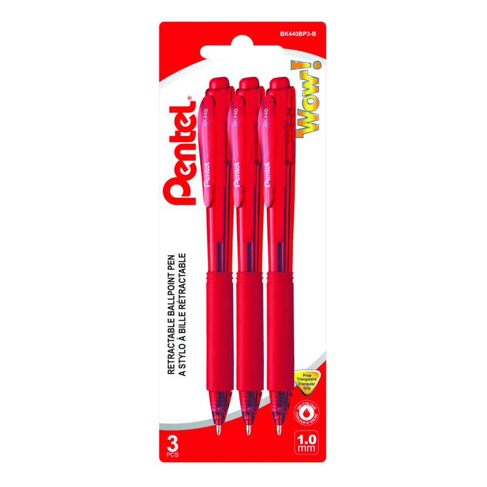 Pentel Wow! Retractable Ballpoint Pen - 1.0mm Medium Tip - Red Ink - 3 Pack