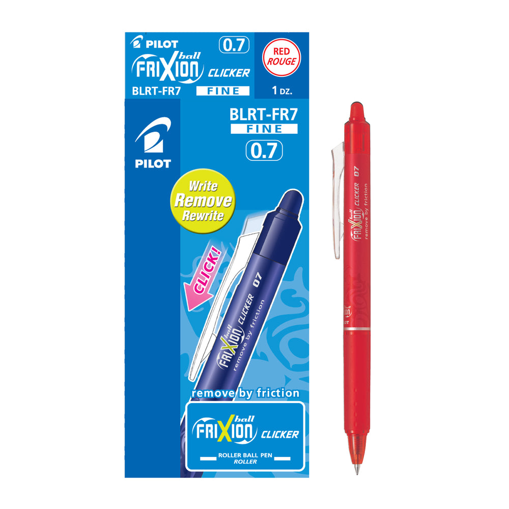 Stylos à encre gel effaçables Pilot Frixion Clicker, pointe roller, rétractables, rechargeables, 0,7 mm, rouge, lot de 12 (BLRT-FR7-RD)