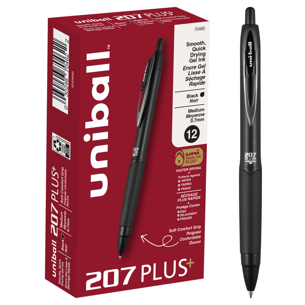 uni-ball 207 Plus+ Retractable Gel Pens - Medium Point (0.7mm) - Black - 12 Pack