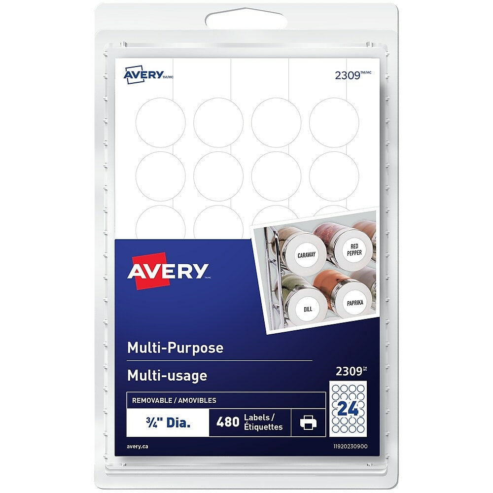 Avery White Print or Write Removable Round Multiuse Labels, 3/4" Diameter, 480 Pack