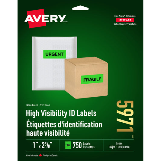 Étiquettes haute visibilité Avery vert fluo pour imprimantes laser/jet d'encre, 2-5/8" x 1", paquet de 750 (05971)
