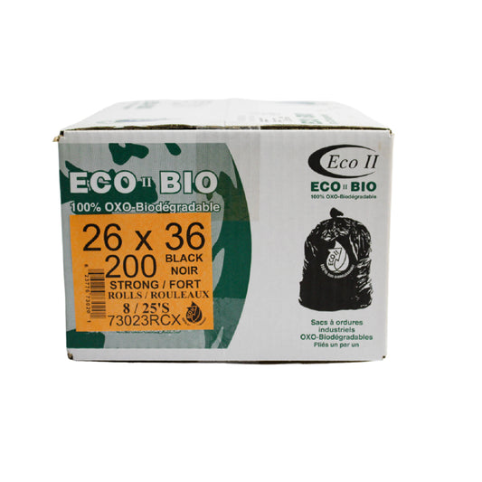 Sacs poubelles oxo-biodégradables Eco II - 66 x 91 cm - Résistants - Noirs - Rouleau de 25 - Paquet de 200