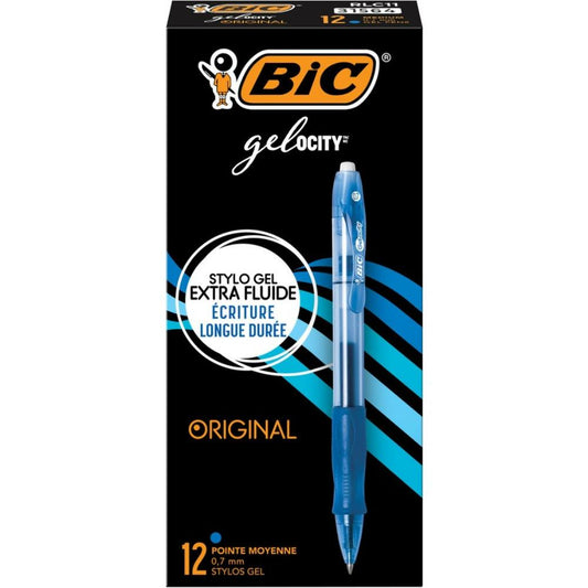 BIC Gelocity Gel Pens - Retractable - 0.7mm - Blue - 12 Pack