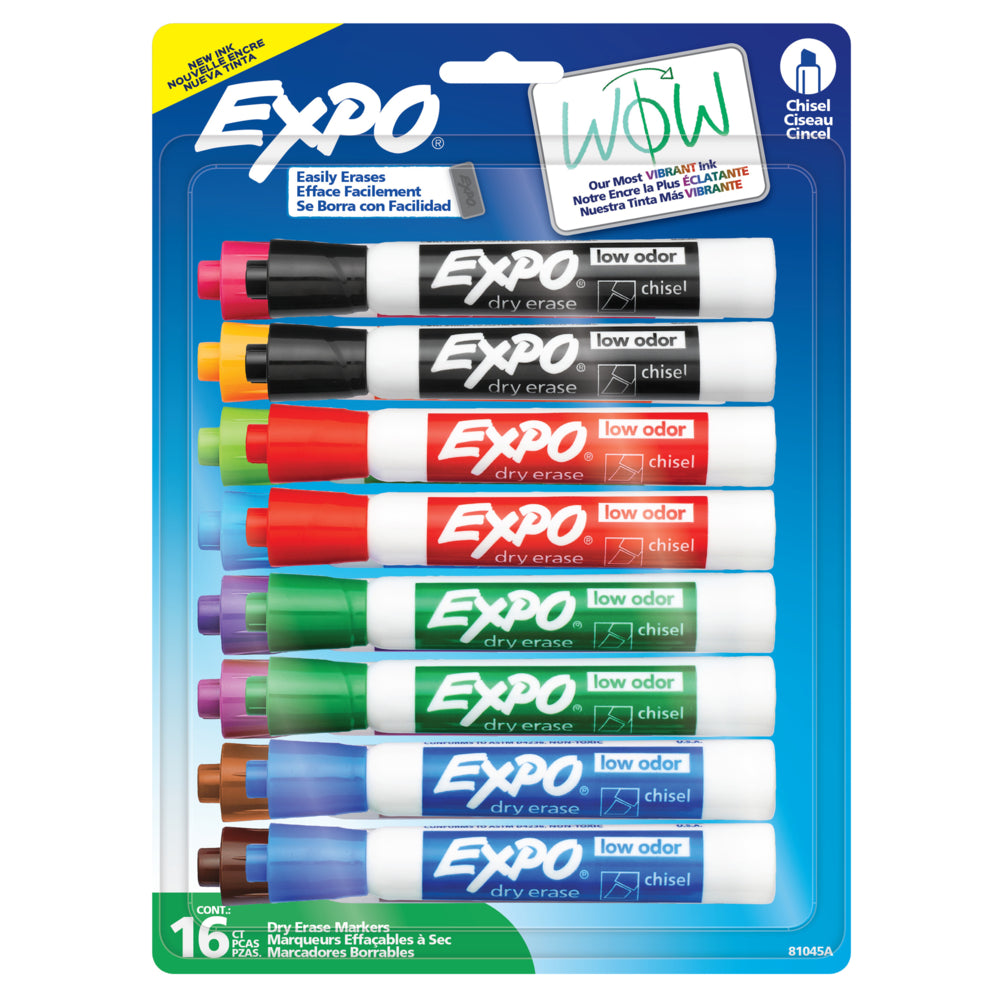 Marqueurs effaçables à sec Expo à faible odeur – Pointe biseautée – Couleurs assorties – Paquet de 16
