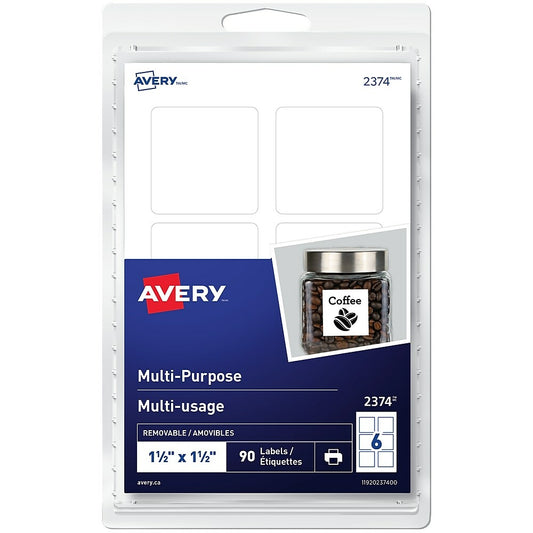 Avery White Print or Write Removable Square Multiuse Labels, 1-1/2" x 1-1/2", 90 Pack, (2374)