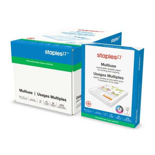 Papier multiusage certifié FSC Staples - 20 lb - 8,5" x 11", blanc - 5 000 feuilles