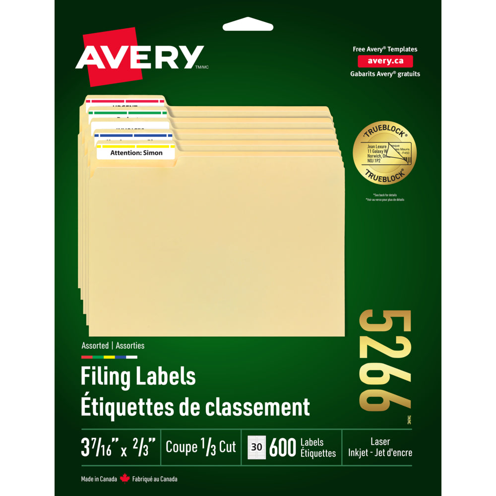 Étiquettes de dossiers laser/jet d'encre Avery TrueBlock, couleurs assorties, 9,75 cm x 6,35 cm, paquet de 600 (05266)