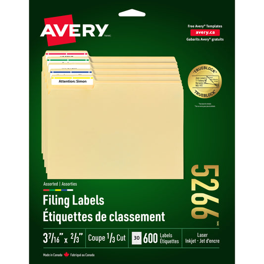 Étiquettes de dossiers laser/jet d'encre Avery TrueBlock, couleurs assorties, 9,75 cm x 6,35 cm, paquet de 600 (05266)