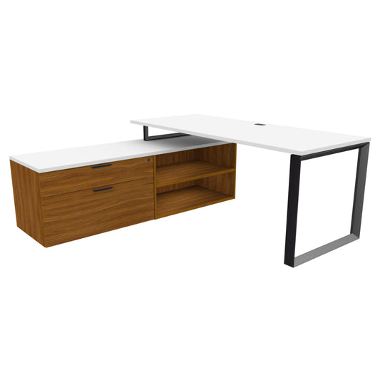 Heartwood HDL Levels Tiered L Desk With Storage - Pure White Black Walnut Silver