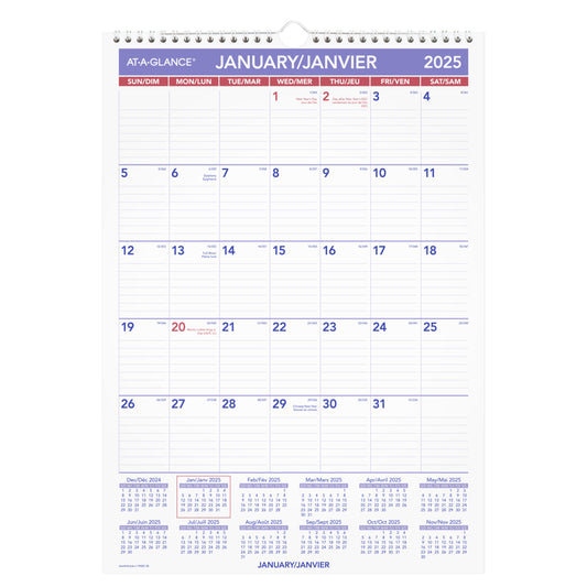 AT-A-GLANCE 2025 Monthly Wall Calendar - 17" H x 12" W - Bilingual