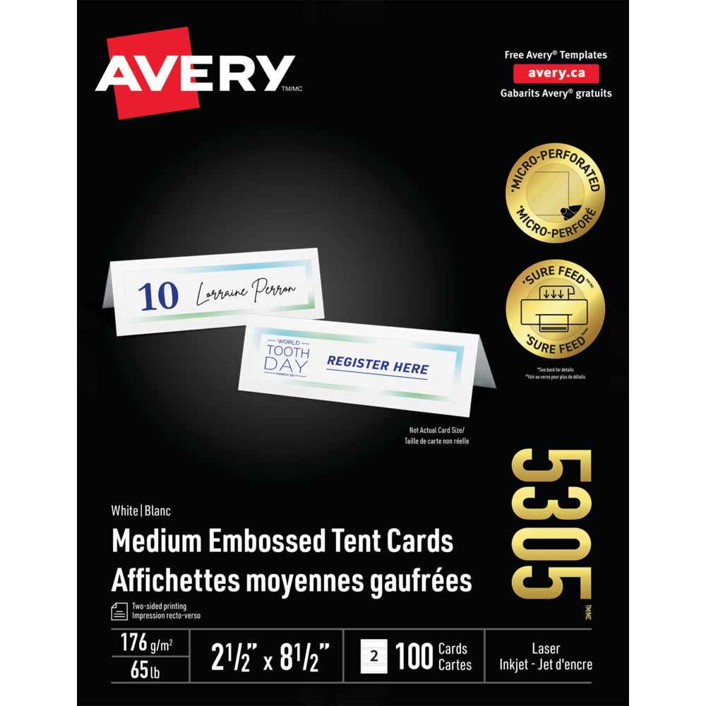 Cartes de tente blanches Avery imprimables au laser/jet d'encre, format moyen, 6,35 cm x 21,5 cm, paquet de 100 (05305)