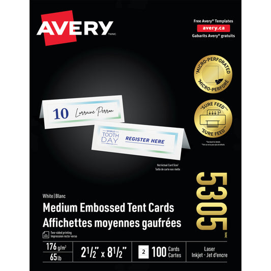 Cartes de tente blanches Avery imprimables au laser/jet d'encre, format moyen, 6,35 cm x 21,5 cm, paquet de 100 (05305)