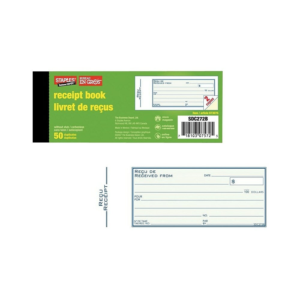 Staples Bilingual Receipt Book - Duplicates - Carbonless - Staple Bound - 2-3/4" x 6-3/4" - 50 Receipts