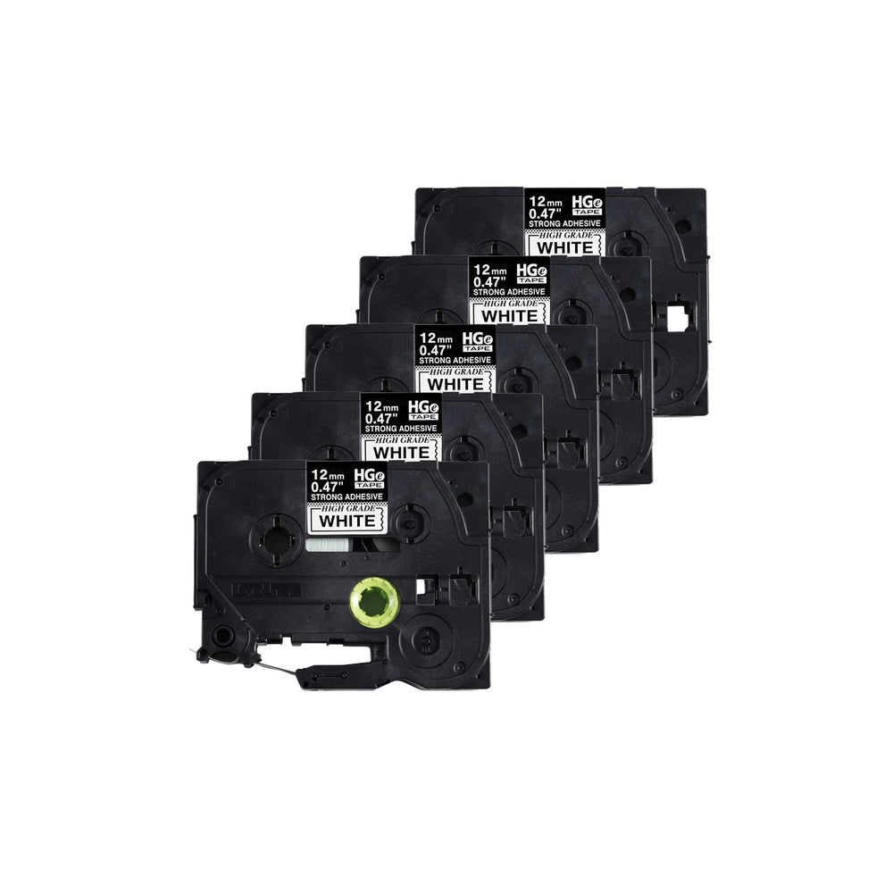 Ruban laminé Brother haute qualité avec adhésif standard – 12 mm – Noir sur blanc – Lot de 5
