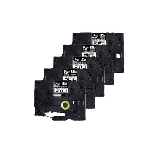Ruban laminé Brother haute qualité avec adhésif standard – 12 mm – Noir sur blanc – Lot de 5