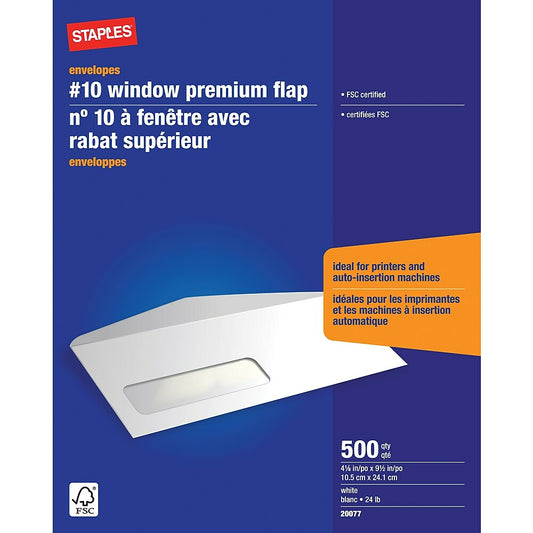 Staples Premium #10 Window Envelopes with Gummed Flaps - 4-1/8" x 9-1/2" - White - 500 Pack