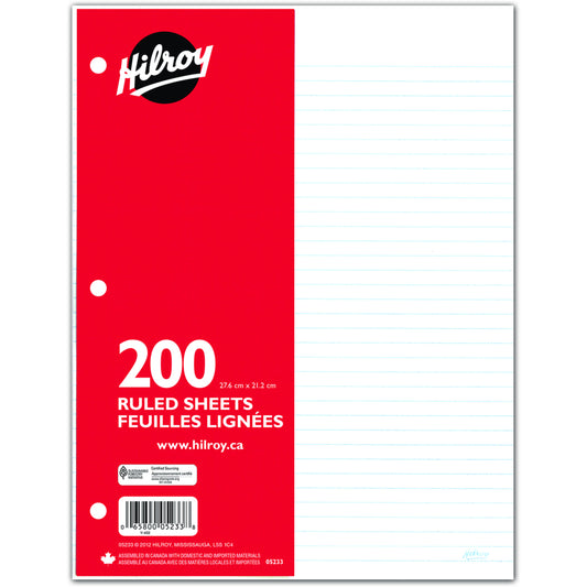 Recharge de papier ligné Hilroy - 3 trous - 27,7 x 21,9 cm - 200 feuilles - Blanc