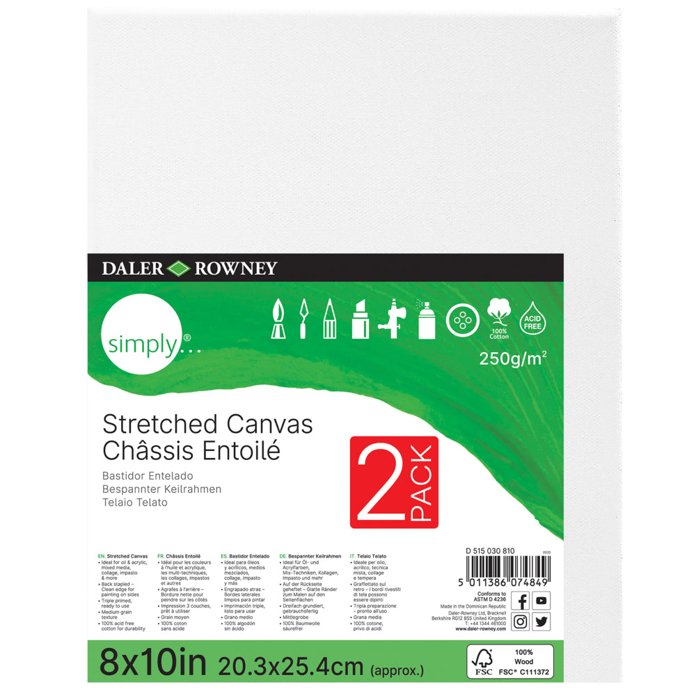 Daler-Rowney Simply - Toile tendue - 20,3 x 25,4 cm - Blanc - Lot de 2