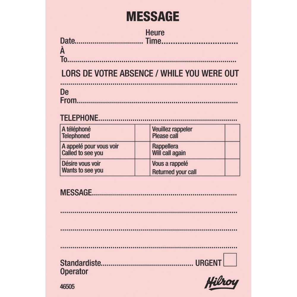 Bloc-notes téléphoniques Hilroy, 3-1/2 x 5 pouces, 72 feuilles - Bilingue - Rose