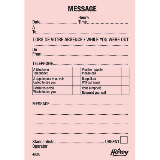 Bloc-notes téléphoniques Hilroy, 3-1/2 x 5 pouces, 72 feuilles - Bilingue - Rose