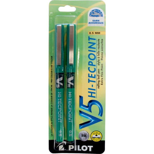 Pilot Hi-Tecpoint Rollerball Pens, V5, Green, 2 Pack