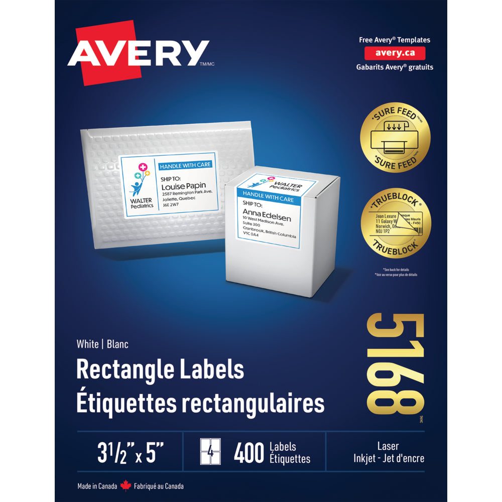 Étiquettes d'expédition laser/jet d'encre Avery TrueBlock - 5" x 3 1/2" - Blanches - Paquet de 400 (5168)