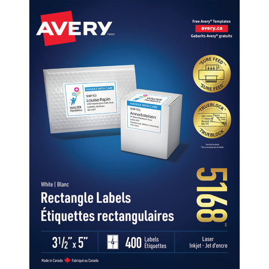 Étiquettes d'expédition laser/jet d'encre Avery TrueBlock - 5" x 3 1/2" - Blanches - Paquet de 400 (5168)