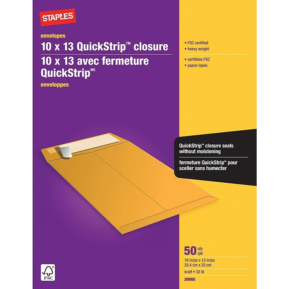 Staples Heavyweight Catalogue Envelopes with QuickStrip Flap - 10" x 13" - Kraft Brown - 50 Pack