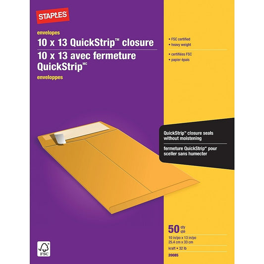 Staples Heavyweight Catalogue Envelopes with QuickStrip Flap - 10" x 13" - Kraft Brown - 50 Pack