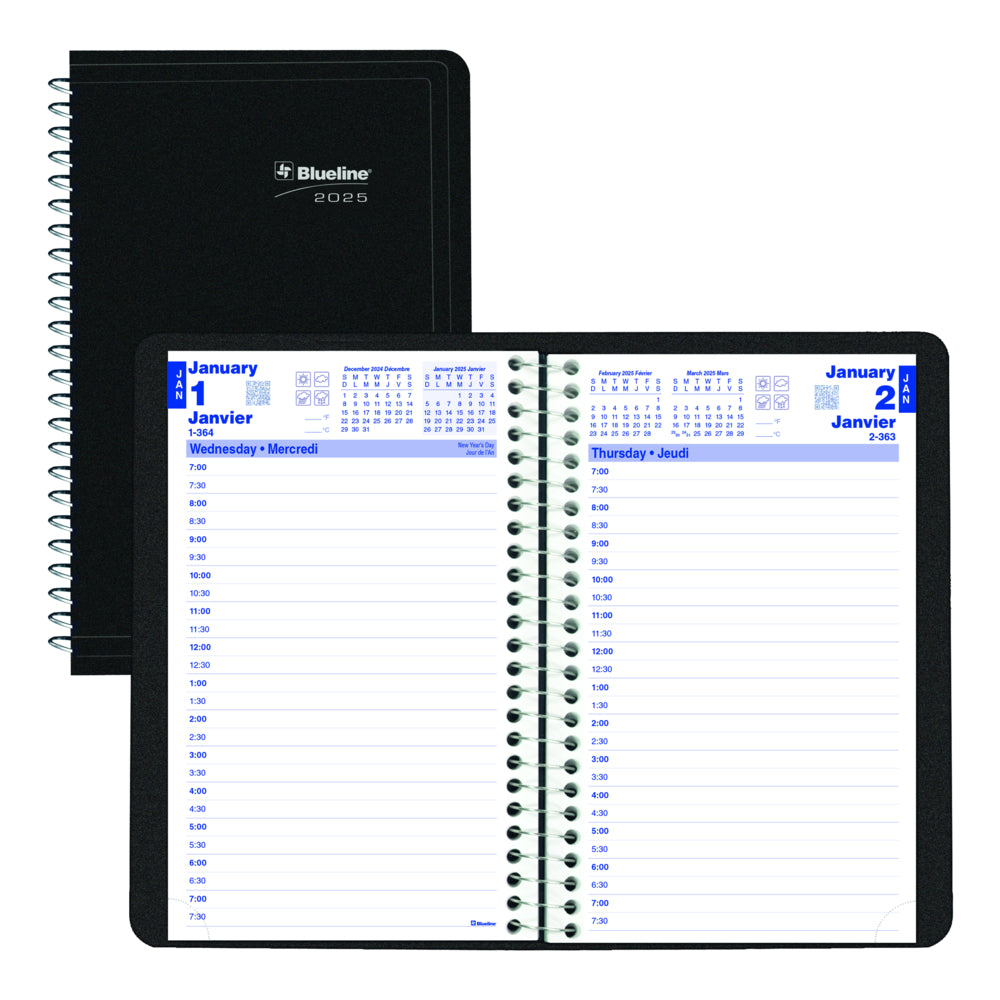 Blueline 2025 Daily Planner Spiral binding - 8" x 5" - Black - Bilingual