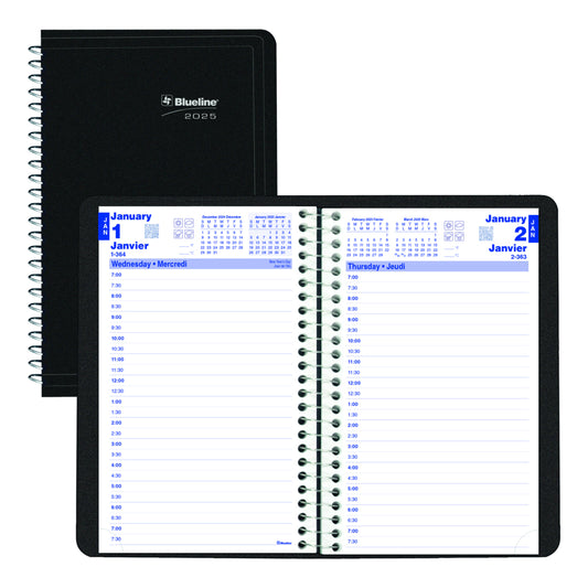 Blueline 2025 Daily Planner Spiral binding - 8" x 5" - Black - Bilingual