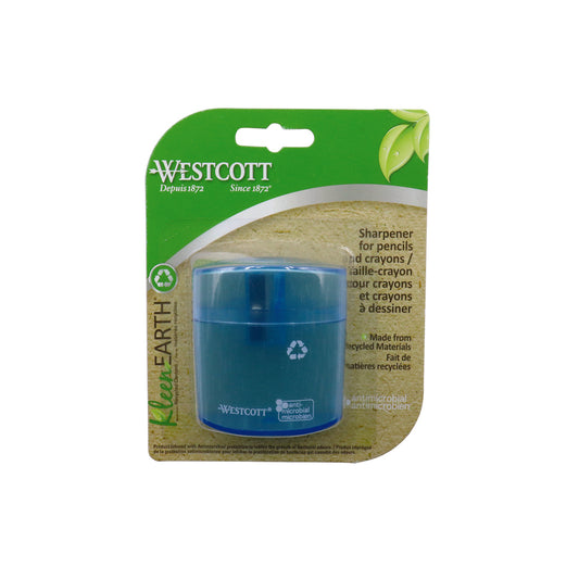 Taille-crayon antimicrobien Westcott KleenEarth pour étudiants, un trou, manuel, bleu