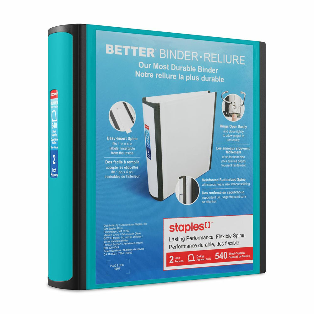 Classeur Staples Better Binder - 2 po - Bleu sarcelle