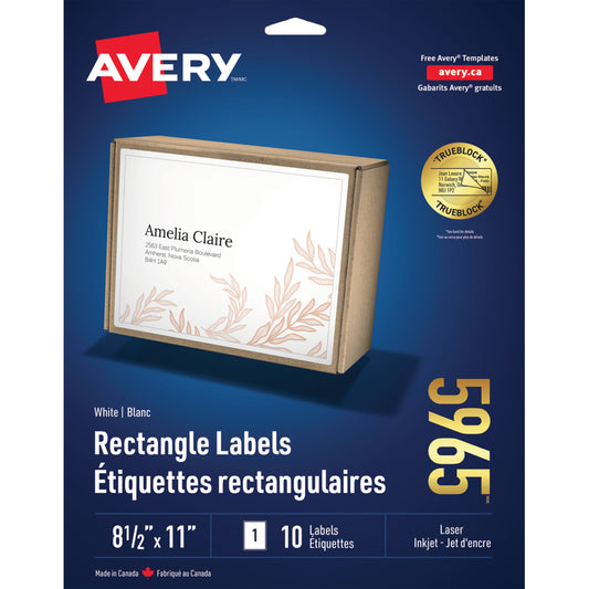 Avery TrueBlock Shipping Labels - 8-1/2" x 11" - White - 10 Labels