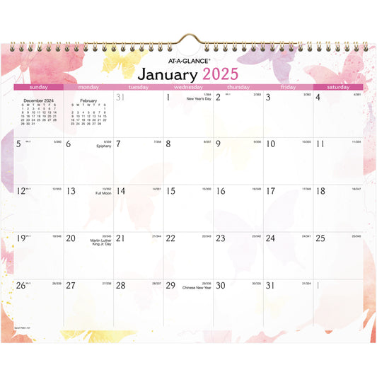 AT-A-GLANCE 2025 Watercolours Wall Calendar - 11-7/8" H x 14-7/8" W - English