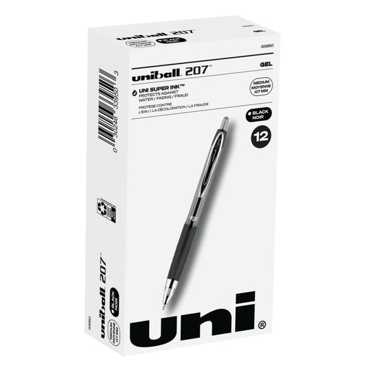 Stylos gel rétractables Uni-Ball 207 – Pointe moyenne (0,7 mm) – Noir – Lot de 12