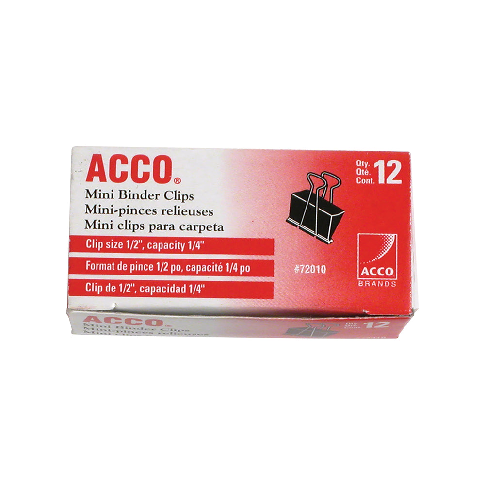 ACCO Fold-Back Binder Clips - Mini (1/2") - 1/4" Capacity - Black - 12 Pack