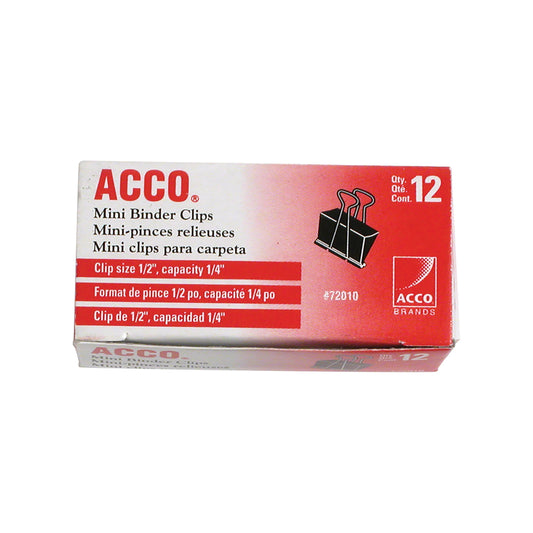 Pinces à reliure repliables ACCO - Mini (1/2") - Capacité 1/4" - Noir - Paquet de 12