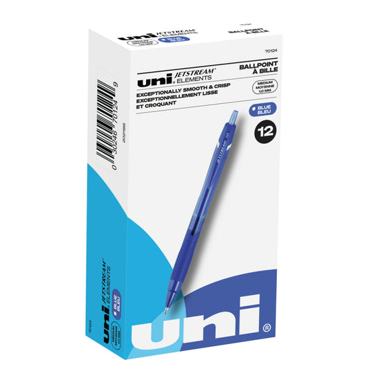 Stylos à bille Uni-Ball Jetstream Elements – Pointe moyenne (1,0 mm) – Bleu – Lot de 12