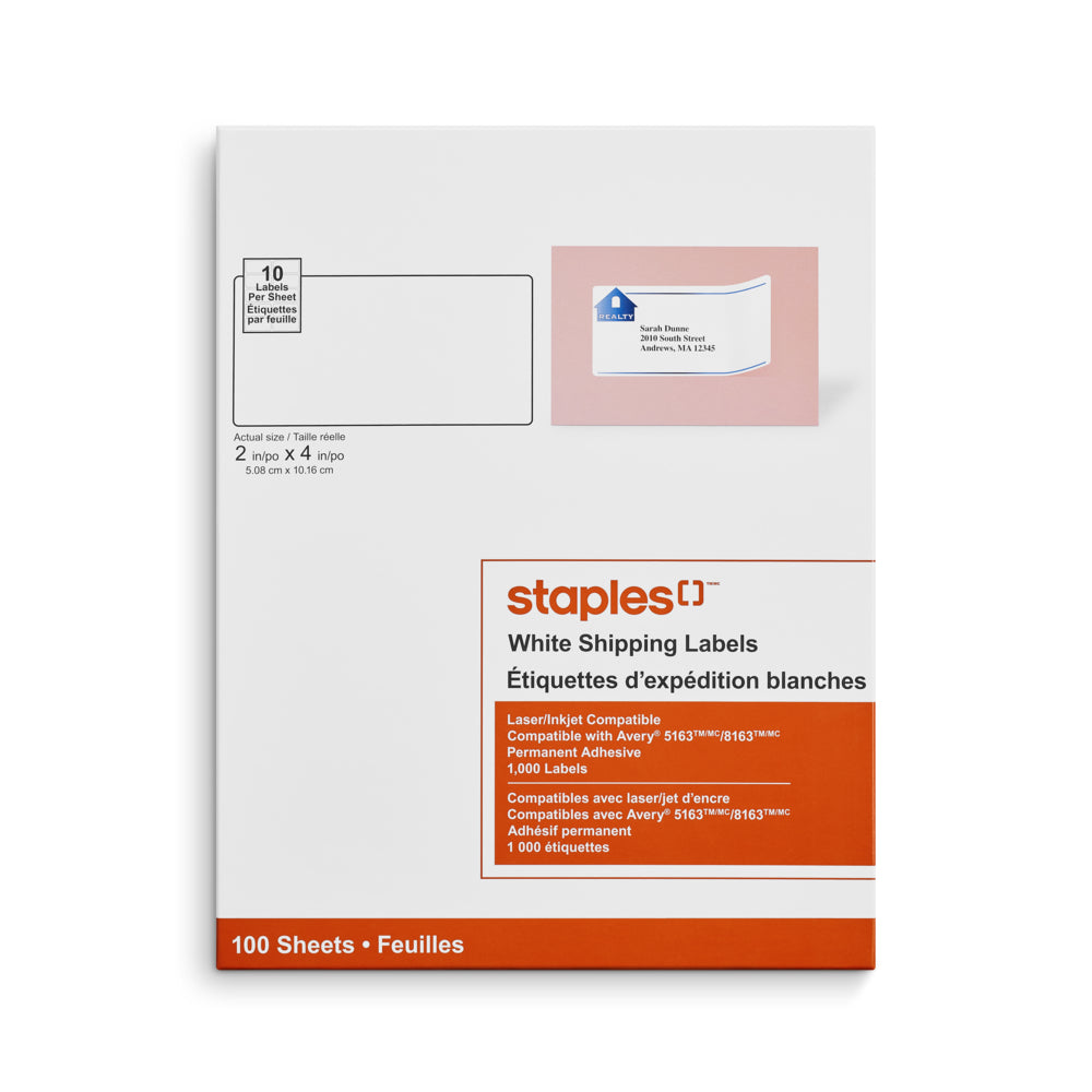Étiquettes d'adresse blanches Staples pour imprimantes à jet d'encre/laser - 2" x 4" - Paquet de 1000