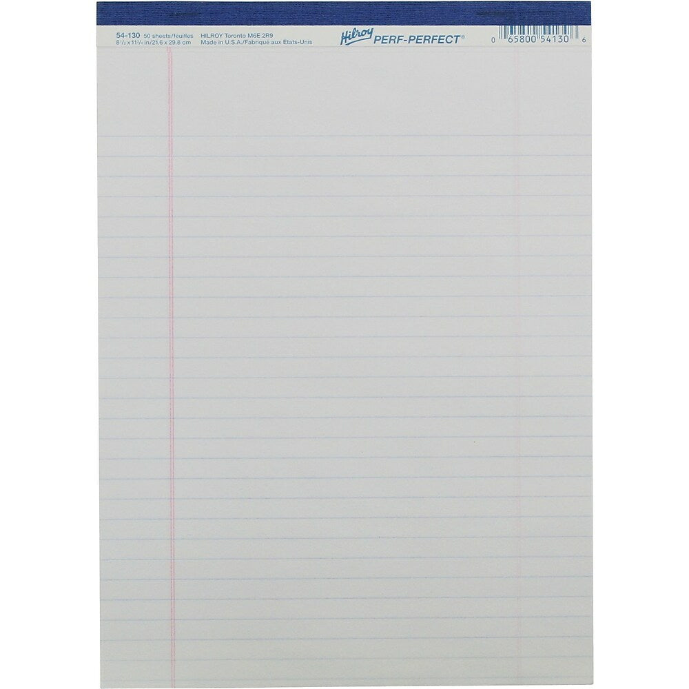 Bloc perforé Hilroy - 8-1/2" x 11" - Larges lignes - Blanc - 50 feuilles