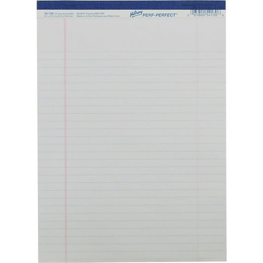 Bloc perforé Hilroy - 8-1/2" x 11" - Larges lignes - Blanc - 50 feuilles