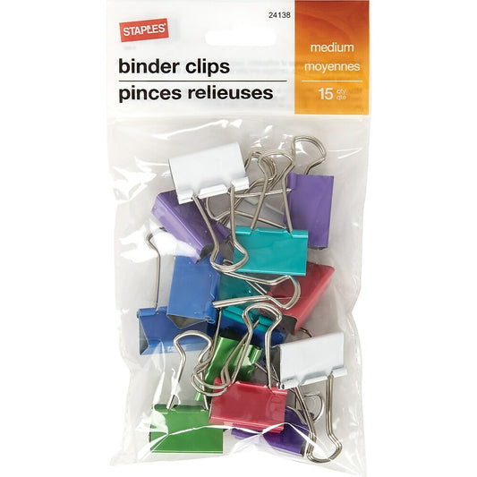 Staples Binder Clips - Medium 1-1/4" - Assorted Fashion Colours - 15 Pack