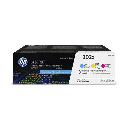 HP 202X High Yield Cyan/Magenta/Yellow Original LaserJet Toner Cartridges 3 Pack