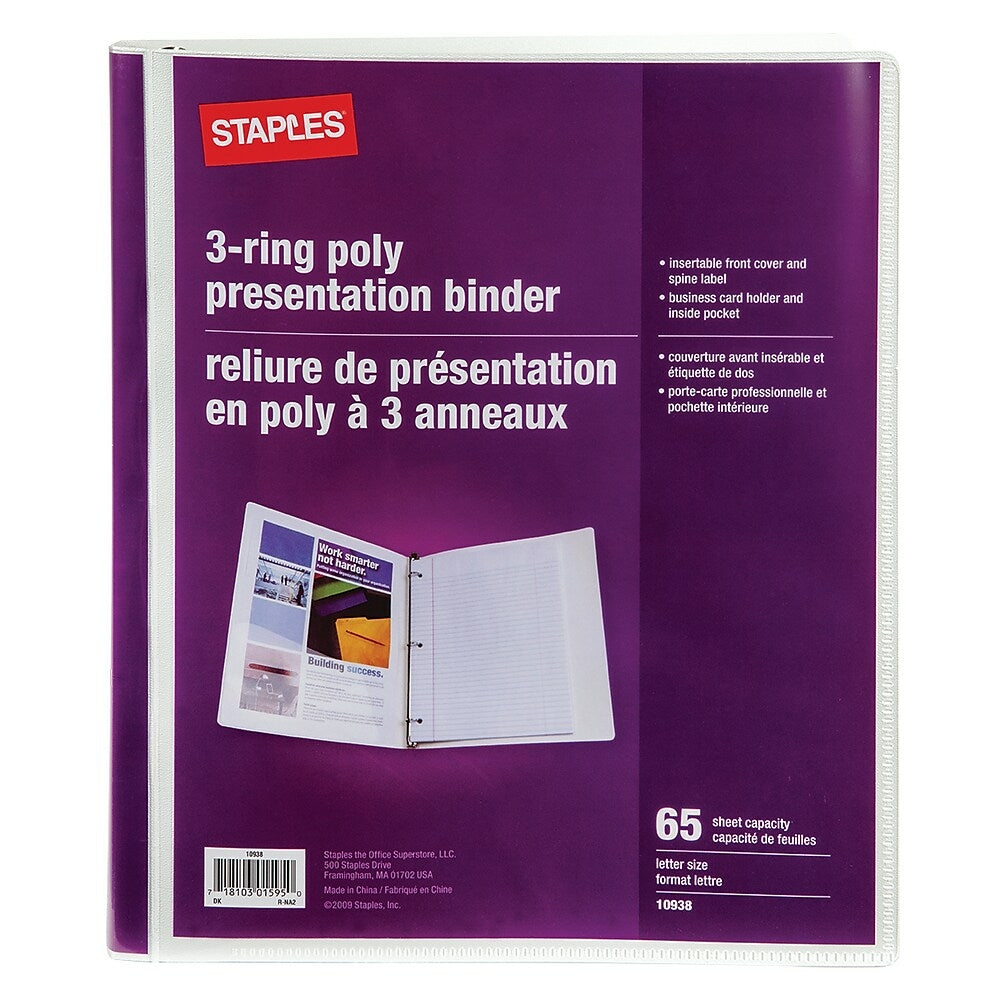 Classeur de présentation Staples à 3 anneaux en polyéthylène - Format lettre - 5/8 po - Blanc