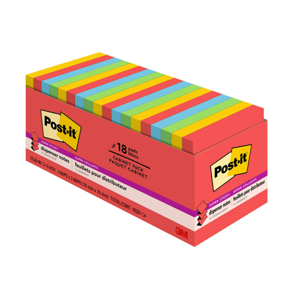 Post-it Super Sticky Dispenser Notes - Playful Primaries Collection Cabinet Pack - 3" x 3" - 90 Sheets/Pad - 18 Pads/Pack
