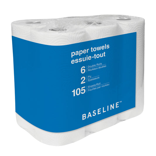 Essuie-tout Baseline - 105 feuilles par rouleau - Paquet de 6 - Blanc